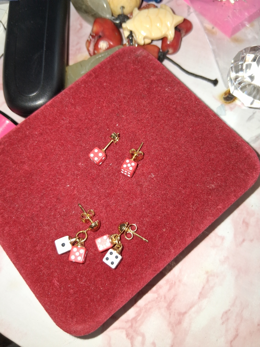 Vintage Source Unknown Gold-Tone Red and White Dice Drop & Stud Earrings